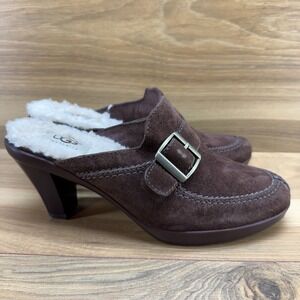 UGG Isabella Heel Clogs Womens 7 Brown Suede Buckle Sherpa